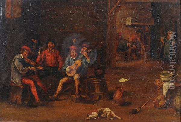Interno Di Osteria Con Suonatori E Bevitori Oil Painting - David The Younger Teniers