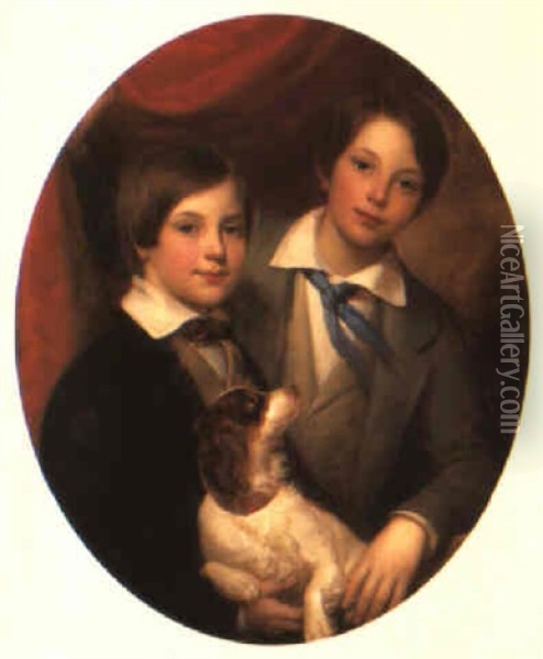 Portrait Of Two Young Boys, Half Length, With Their Spaniel Oil Painting - Cavaliere Alessandro Capalti
