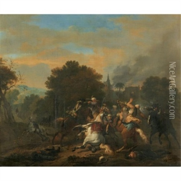 A Cavalry Skirmish Between Turks And Christians In A Wooded Landscape Oil Painting - Jan van Huchtenburg