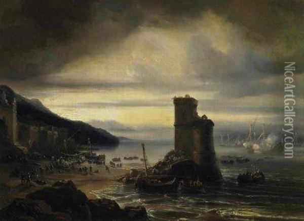 Battle Scenery. Docking Marines 
Storming A Fort On The Coast. Signed Lower Left: Th. Gudin Oil Painting - Theodore Gudin