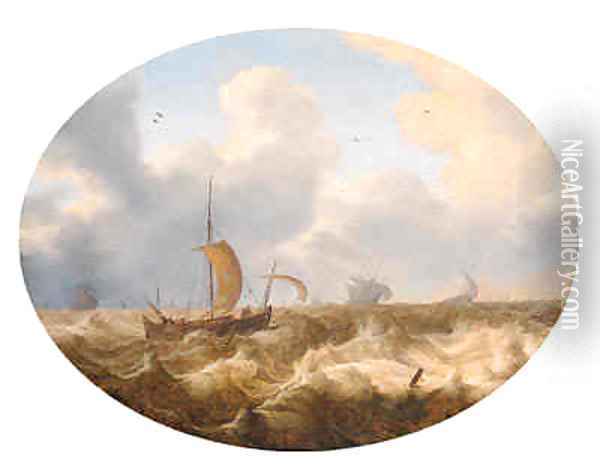 A smalschip running before the wind offshore, other shipping beyond, as a storm approaches Oil Painting - Cornelis Stooter