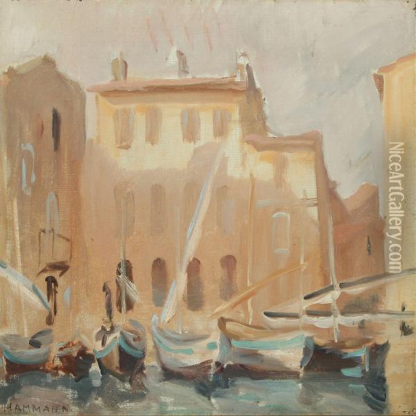 View From Martigues In France With Sailing Boats Oil Painting - Marius Hammann