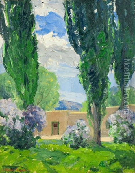 Adobe House Surrounded By Trees Oil Painting - Sheldon Parsons