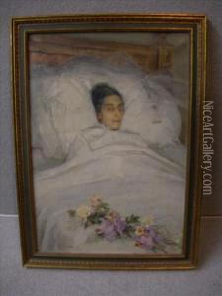 Portraitof An Old Lady In Death Oil Painting - Daniel Hernandez Morillo