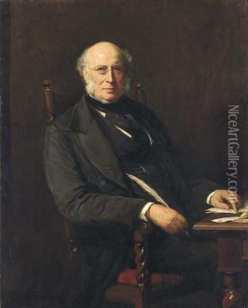 Portrait Of George William Lovell, Seated At His Desk,three-quarter Length Oil Painting - Walter William Ouless