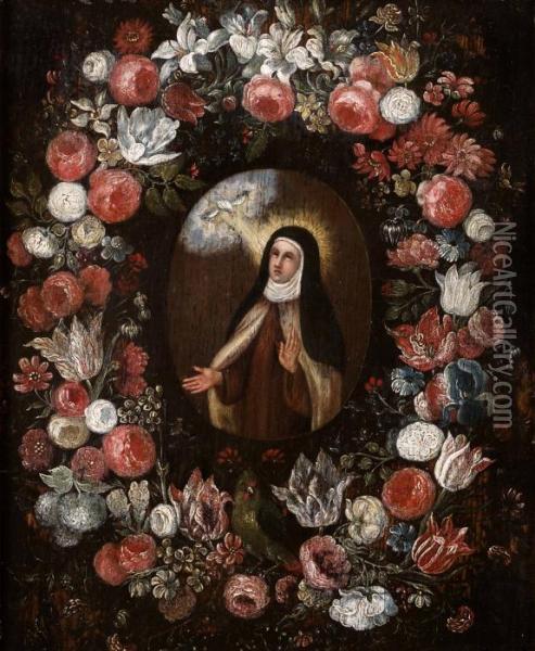 St Theresa I Blomkrans. Panna 28 X 22,5 Cm Oil Painting - Daniel Seghers