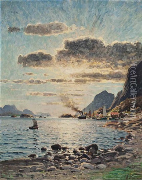 A Steam Boat On Norwegian Fjord Oil Painting - Adelsteen Normann