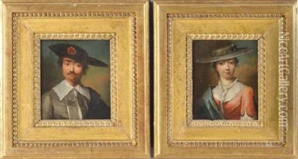 Portrait D'homme Au Chapeau (+ Portrait De Femme A La Robe Rose; Pair) Oil Painting - Christian Wilhelm Ernst Dietrich