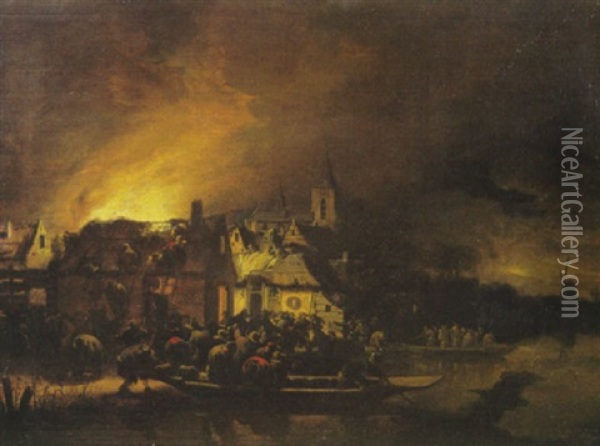 Dorfbrand Am Kanal Oil Painting - Egbert Lievensz van der Poel