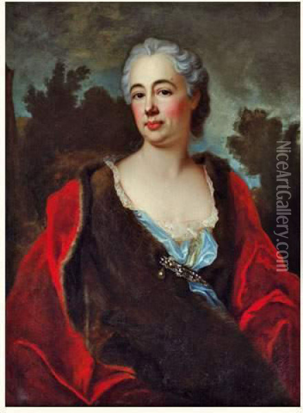 Portrait De Femme Au Manteau Rouge Oil Painting - Donatien Nonnotte