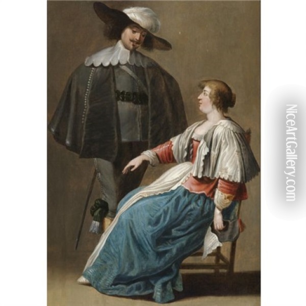 A Cavalier Propositioning A Seated Lady Oil Painting - Pieter Jansz Quast