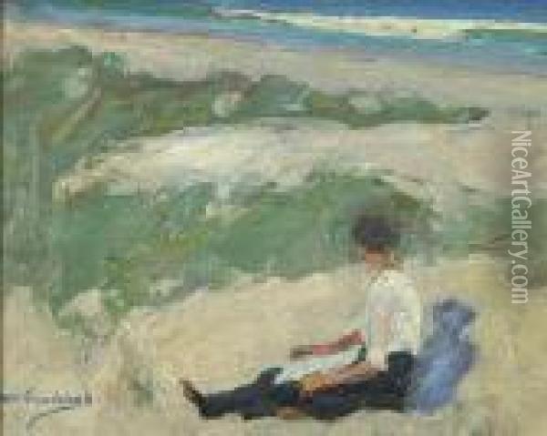 Woman Reading At The Beach Oil Painting - Mabel May Woodward
