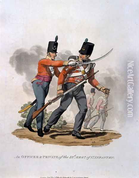An Officer and Private of the 53rd Regiment of Light Infantry, from Costumes of the Army of the British Empire, according to the last regulations 1812, engraved by J.C. Stadler, published by Colnaghi and Co. 1812-15 Oil Painting - Charles Hamilton Smith