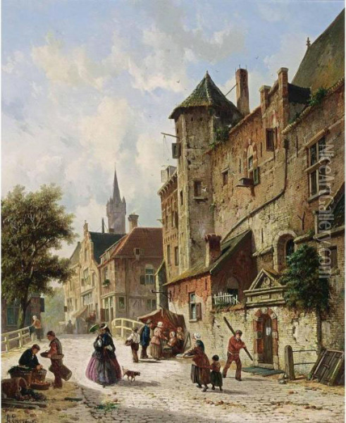 Villagers In The Streets Of A Dutch Town Oil Painting - Adrianus Eversen