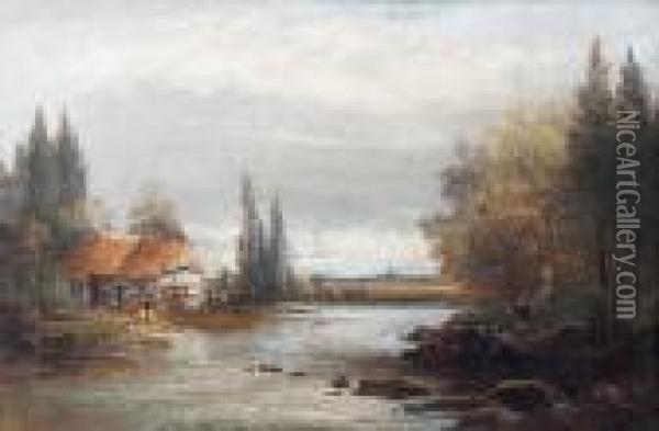 River Landscape With Cottage And Figures Oil Painting - Keeley Halswelle