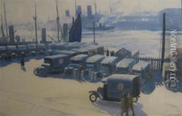 Army Ambulances By The Docks Oil Painting - Ernest Procter