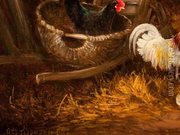 Chicken Yard Oil Painting - Otto Scheuerer