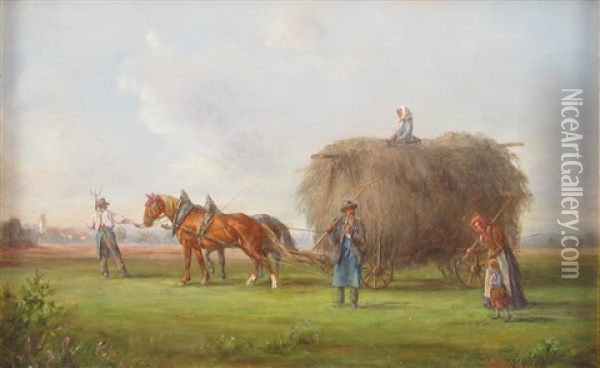 Heuernte. Bauern Mit Hoch Beladenem Zweispannigen Wagen Oil Painting - Ludwig Mueller-Cornelius