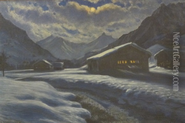 Nuit D'hiver Au Clair De Lune Dans Les Alpes Bernoises Oil Painting - Waldemar Theophil Fink
