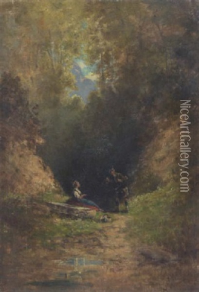 Dirndl Und Jagerbursche Am Waldquell Oil Painting - Willy Moralt