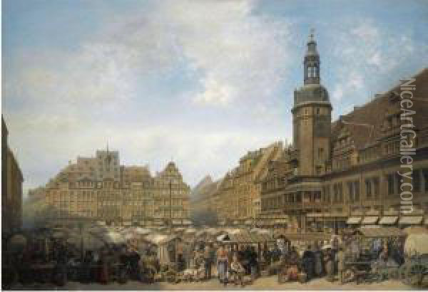 Der Marktplatz, Leipzig (the Market Square, Leipzig) Oil Painting - Albert Schwendy