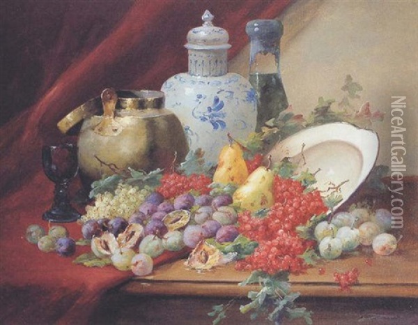 Still Life With Table Of Plums, Red Currants, And Pears Oil Painting - Edmond Van Coppenolle