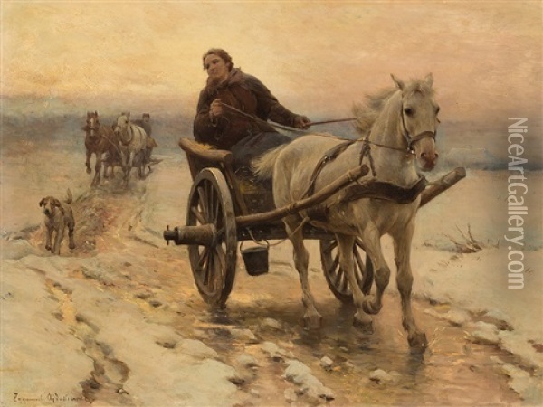 Horses And Cart In Winter Oil Painting - Zygmunt Ajdukiewicz