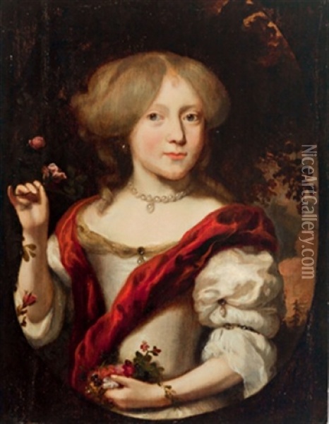 Bildnis Eines Jungen Madchens Mit Perlenkette Und Blumen Oil Painting - Nicolaes Maes