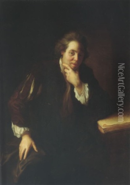 Portrait Of A Gentleman Seated Beside A Table (a Huguenot?) Oil Painting - Alexis Grimou