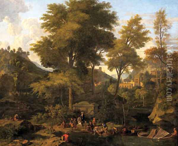 A classical river landscape with figures unloading a boat, a town beyond Oil Painting - Johannes (Polidoro) Glauber