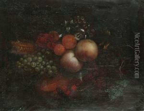 Still Life Of Fruit, Flowers Suspended From Ivy Oil Painting - Cornelis De Heem