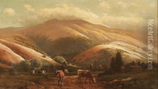 California Foothills With Cabin And Grazing Cattle Oil Painting - Gordon Coutts