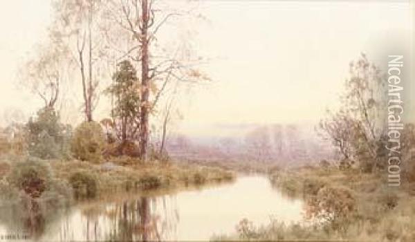 Dawn Breaking Over A River Landscape Oil Painting - Henry Farrer