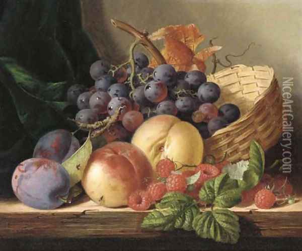 Grapes, peaches, raspberries, and plums with a basket on a wooden shelf Oil Painting - Edward Ladell