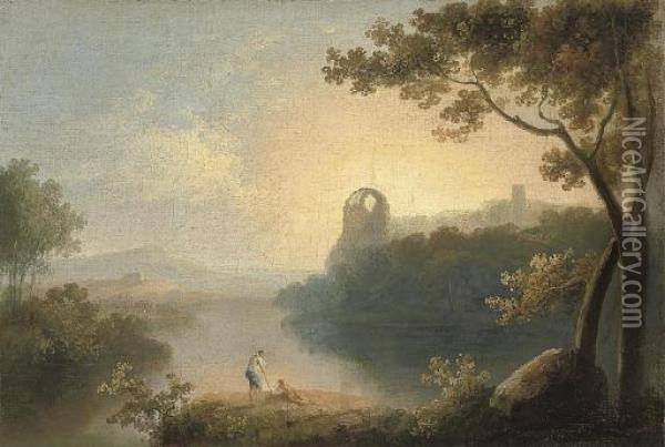 An Extensive Wooded River 
Landscape, With Figures And A Dog In The Foreground, Ruins Beyond Oil Painting - Richard Wilson