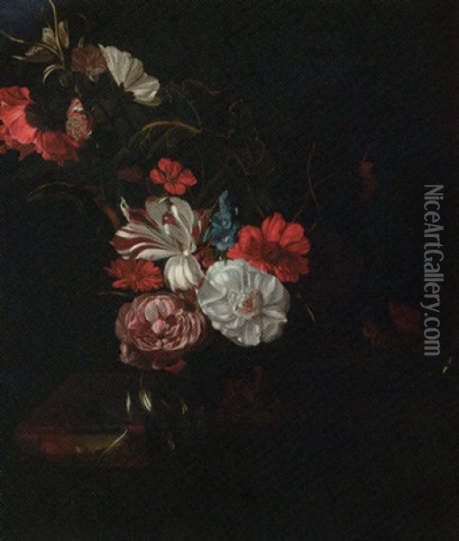 Roses, Tulips, A Poppy, Nasturtiums, Marigolds And Other Flowers In  A Vase, And A Tortoiseshell Butterfly Oil Painting - Rachel Ruysch