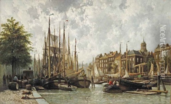 A Capriccio View Of The Nieuwezijds Voorburgwal, Amsterdam Oil Painting - Willem Hendrick Eickelberg