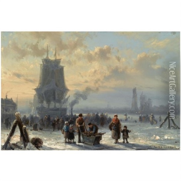 Many Figures Skating On The Ice, Boats In The Background Oil Painting - Johannes Hermanus Barend Koekkoek