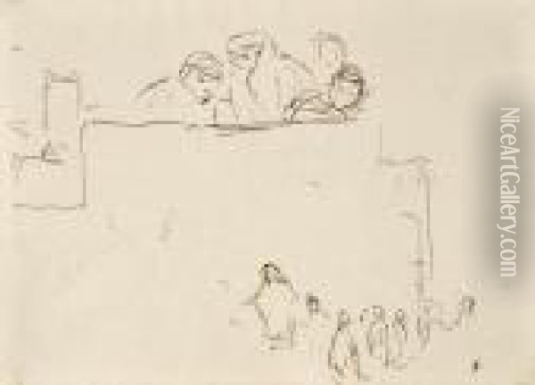 Etude De Figures Sur Une Terrasse, Une Procession En Bas Oil Painting - Eugene Delacroix