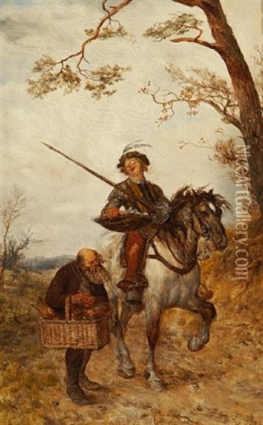 A Knight Taking Provisions From An Old Peasant Oil Painting - Heinrich Breling