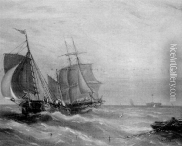 Segelschiffe Auf Bewegter See Bei Sonnenuntergang Oil Painting - Ebenezer Colls