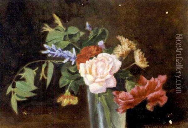 Bouquet Of Flowers In A Glass (+ Roses In A Two-handled Pot, 1908; 2 Works) Oil Painting - Conrad Wise Chapman