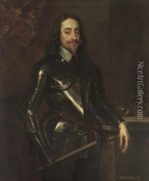 Portrait Of King Charles I, 
Three-quarter-length, In Armour, A Baton In His Right Hand, An Orb And 
Crown On A Plinth To His Left Oil Painting - Sir Anthony Van Dyck