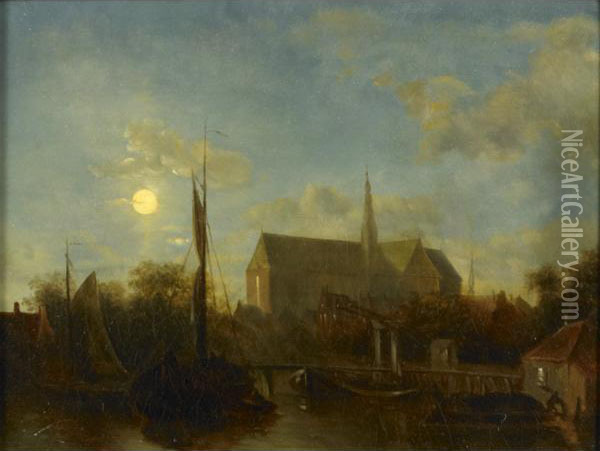 Haarlem At Twilight Oil Painting - Elias Pieter van Bommel