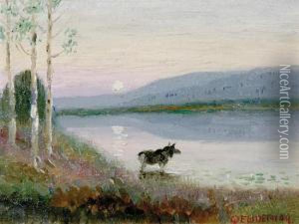 Moose By A Lake Oil Painting - Edwin Willard Deming