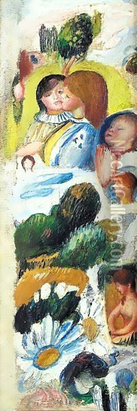 Etude De Personnages, Paysage Et Fleurs Oil Painting - Pierre Auguste Renoir