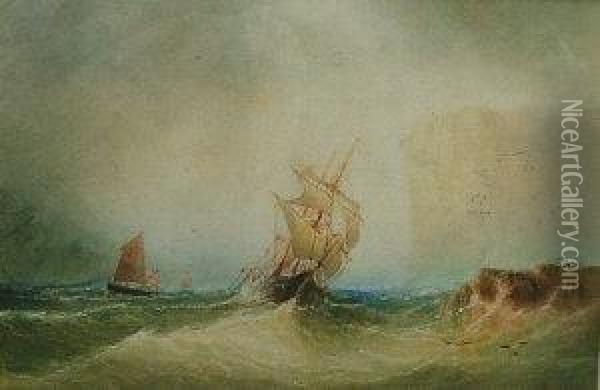 Derelict Swinging At Her Cable Off Flamborough Ness, Yorkshire Oil Painting - Henry Barlow Carter