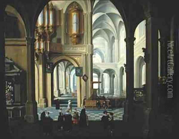 Interior of a Church with a Sermon and Christening Party in Progress Oil Painting - Dirck Van Delen
