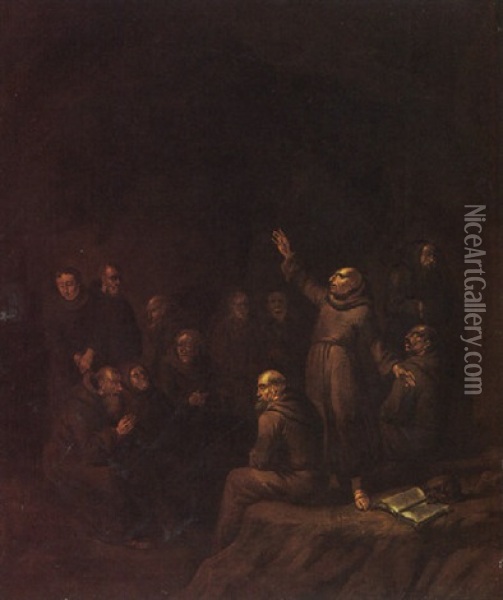 Monks Preaching And Praying In A Cave Oil Painting - Egbert van Heemskerck the Elder