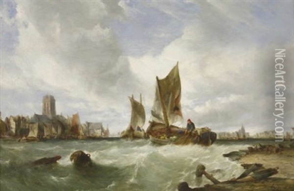 Fishing Boats In An Estuary Off A Town Oil Painting - William Clarkson Stanfield